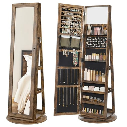 SONGMICS 360° Swivel Jewelry Cabinet, Full-Length Mirror, Lockable - color: Rustic Brown, style: Framed Mirror, Classic