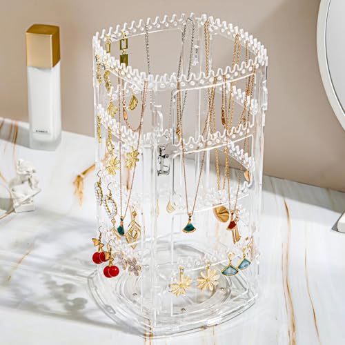 360° Rotating Jewellery Stand Organiser, Clear Display Earring Holder, 4 Tiers Jewellery Stand Necklace Stand Jewelry Dangle Earring Necklace Bracelet Display Rack Stand for Storage