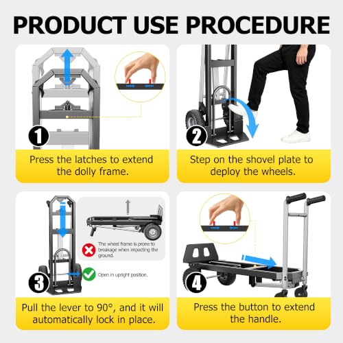 4 in 1 Folding Hand Truck, 1000lbs Capacity Dolly Cart Industrial Convertible Heavy Duty with Retractable Handle and 4 Rubber Wheels, Collapsible Cart for Moving Home, Warehouse, Black-Silver - color: Black Silver-1000