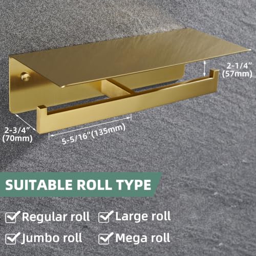 APLusee Brushed Gold Double Toilet Paper Holder with Shelf, Wall Mounted - color: Brushed Dark Gold, size: Double Rod