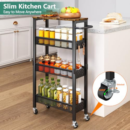 Vivihomety 4-Tier Slim Utility Rolling Laundry Cart with Wheels, Metal - color: Black, size: 7.1 inch wide