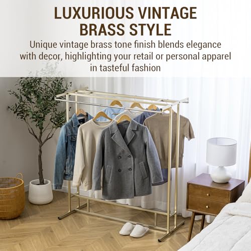 MyGift Brass Garment Rack, Double Rod Clothes Rack with Storage Shelf - color: Brass