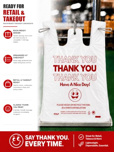 POLX Thank You Plastic T-Shirt Bags with Handles, 1000 Count (White)