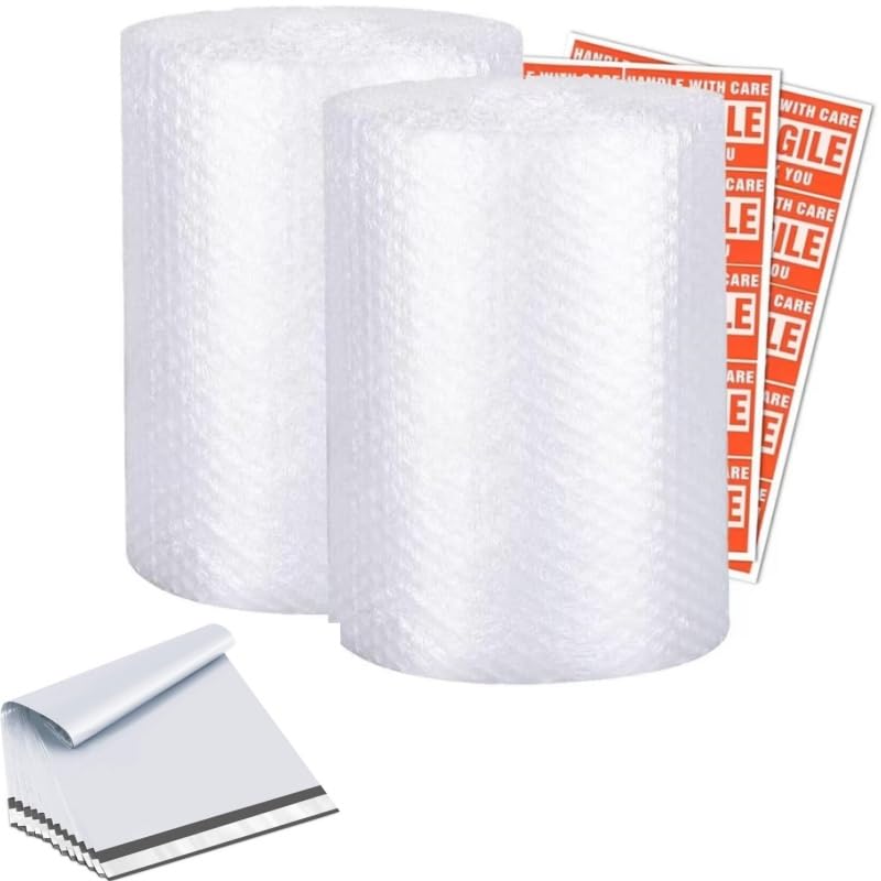 2 Pack Bubble Wrap Rolls For Moving Boxes, 3/16" Air Bubble, 12 Inch x 72 Feet Total, Perforated Every 12", Included 10 Poly Mailers 12" x 16", 20 Fragile Stickers