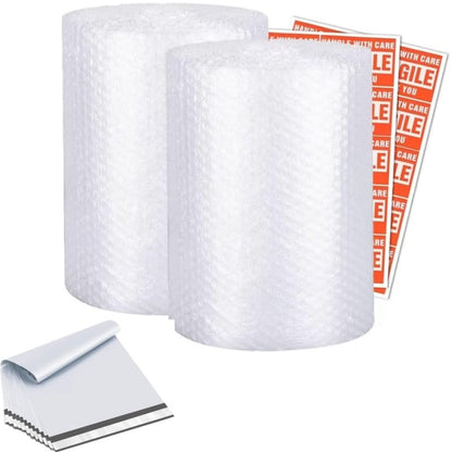 2 Pack Bubble Wrap Rolls For Moving Boxes, 3/16" Air Bubble, 12 Inch x 72 Feet Total, Perforated Every 12", Included 10 Poly Mailers 12" x 16", 20 Fragile Stickers