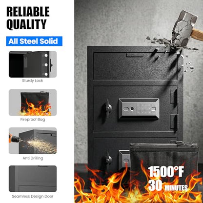 Large Drop Safe for Business, Biometric Cash Safe with Drop Slot Anti-Fishing, Fingerprint and Key Digital Lock, Fireproof Bag, 9 Cu.ft Heavy Duty Deposit Drop Box Safe for Money Retail Store