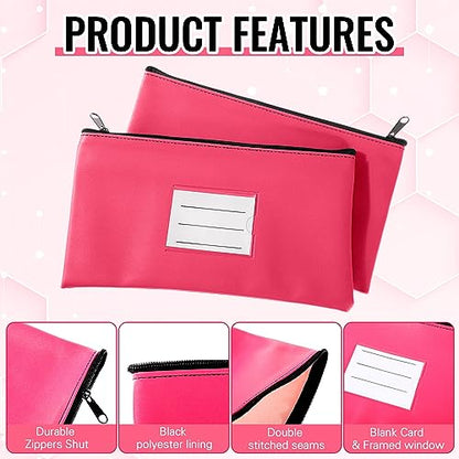 Paterr 6 Pcs Money Bags with Zipper PU Leather Deposit Bank Bag Security Money Pouch Receipt Holder Bank Pouch Wallet with Label for Cash Coin Makeup Cosmetics Bills Tickets, 11 x 6 Inch(Rose Red) - color: Rose Red
