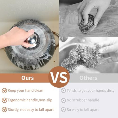 9Pcs Steel Wool Scrubber with Replacement Wire Sponge Pads Set, Stainless Steel Scrubber with Handle for Scouring Messes from Cast Iron, Frying pan, Pots, Pans, Grill, Stoves, Sink(1 Scrubber+8 Pads) - size: 1 Handle+8 Pads
