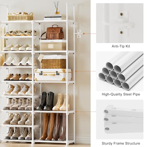 WOWLIVE 9 Tier 2-Column Shoe Rack, 30-35 Pairs Stackable White - color: White, size: 2 Row 9 Tier