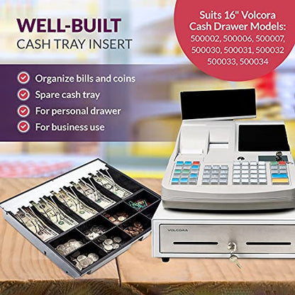 Volcora Cash Drawer Tray - 14.1 x 13 x 2.5 Inch Cash Register Insert - 5 Bill / 8 Coin Replacement Cash Tray - Stainless Steel Currency Compartment - 16" Cash Registers with Fully Removable Tray - size: 14.1" x 14.1" x 2.5"