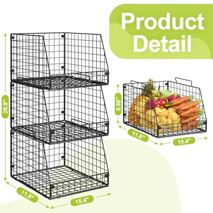 3 Pack XXL Stackable Wire Baskets, Large Storage Bins for Onion, Potato, Vegetable, Fruit, Snack, Pantry Baskets for Kitchen Cabinet Countertop, Pantry Organizers and Storage Solutions - size: 3 Pack-Wide 15.4"W x 11.8"D