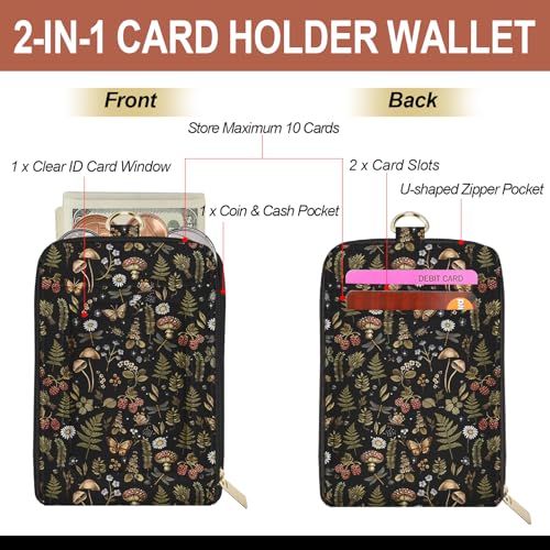 Mushroom Lanyard for Wallet, Boho ID Badge Holder & Lanyard Wallet, Cute RFID Leather Credit Card Holder with Keychain Breakaway Wrist & Neck Lanyards for Women Worker Teacher Student Nurse Gifts - color: Mushroom Butterfly Black
