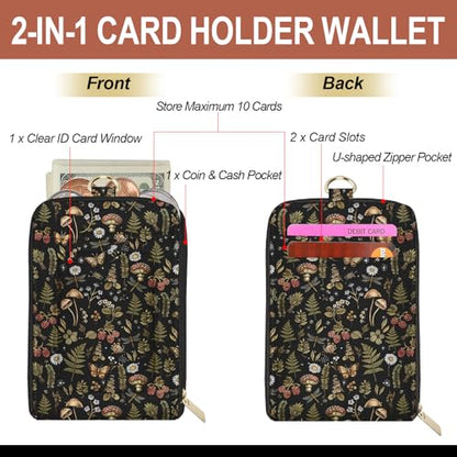 Mushroom Lanyard for Wallet, Boho ID Badge Holder & Lanyard Wallet, Cute RFID Leather Credit Card Holder with Keychain Breakaway Wrist & Neck Lanyards for Women Worker Teacher Student Nurse Gifts - color: Mushroom Butterfly Black
