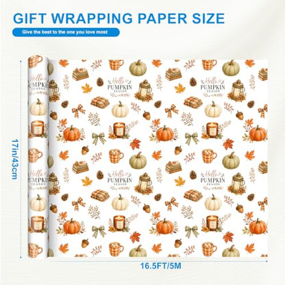 Sikiweiter Fall Pumpkin Wrapping Paper Roll, 17 Inches x 16.5 Feet, Autumn Pumpkin Plaid Bow Maple Leaf Cozy Gift Wrap for Thanksgiving and Fall Harvest(Autumn) - color: Autumn