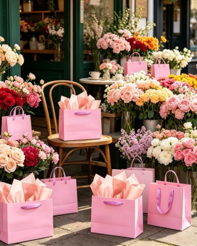 qiqee Pink Gift Bags, Medium Size, 9.6"x7.9"x4.3", 24PCS - color: Pink, size: 24 Count (Pack of 1)
