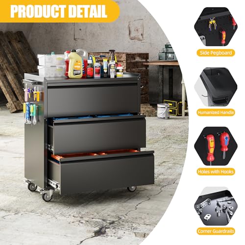 35.5" Rolling Tool Cabinet with 3 Drawers and Side Pegboards - color: Black, size: 18.1"D x 30.3"W x 35.5"H
