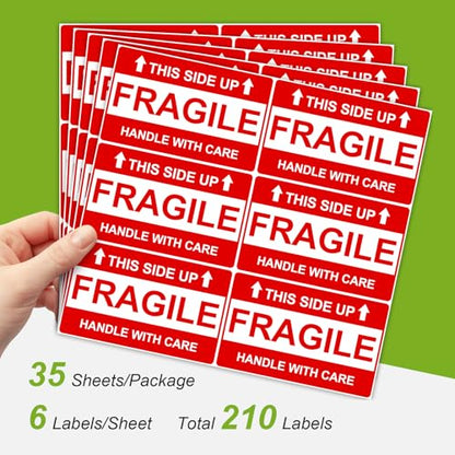 210 Pcs 3" x 5" Large Fragile Stickers for Shipping, This Side Up Labels, Handle with Care for Shipping, Fragile Stickers for Moving(6 Labels per Sheet, 35 Sheets) - color: Red and White