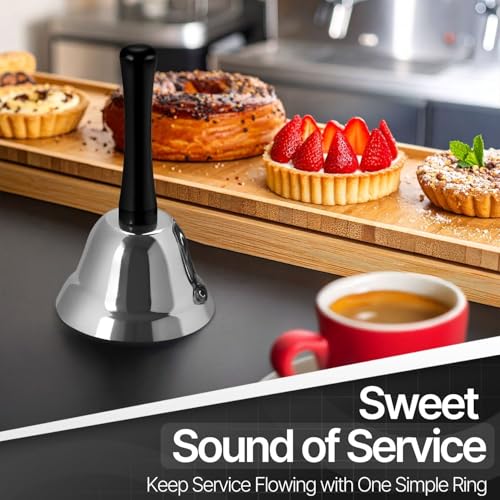 Flexzion Hand Bell for Service - Loud Dinner Bell & Desk Bells with Black Handle, Silver Steel Ringer for Classroom, Hotel Front Desk, School, Elderly at Home Nurse Call Pet Training Food Line, 2 Pack