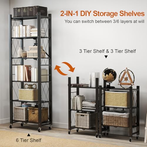6-Tier Foldable Storage Shelves with Wheels Folding Bookshelf no Assembly - color: Black, size: 6 Tier