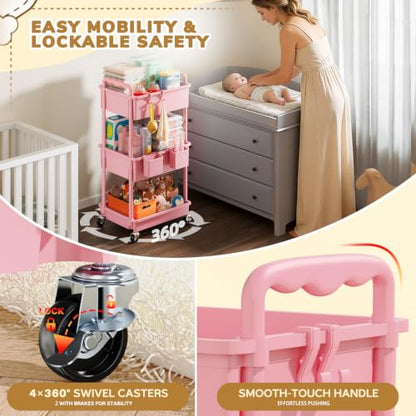Goovilla Diaper Cart with Lockable Wheels and Easy Assembly, 3 Tier Pink - color: Pink