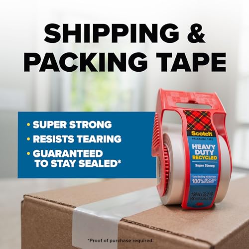 Scotch Heavy Duty Recycled Packaging Tape, Shipping and Packing Tape, 1.88 in x 800 in, 6 Rolls with Dispensers, Red - size: 6 Rolls