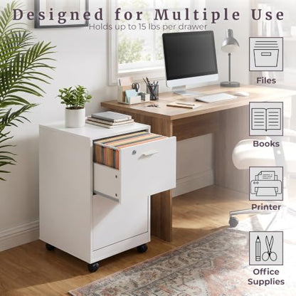 Lavish Home 2-Drawer Wooden File Cabinet with Lock, White, 16” x 27” - color: White, style: Silver Hardware