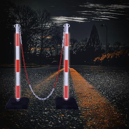 4 Pack 40" Traffic Chain Stanchion Set – Red White Safety Posts with Weighted Rubber Base, 20Ft Chain Barrier for Crowd Control, Parking, Construction, Work Zone