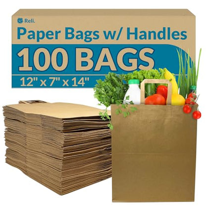 Reli. Paper Grocery Bags w/Handles | 100 Pcs Bulk Pack (12"x7"x14")
