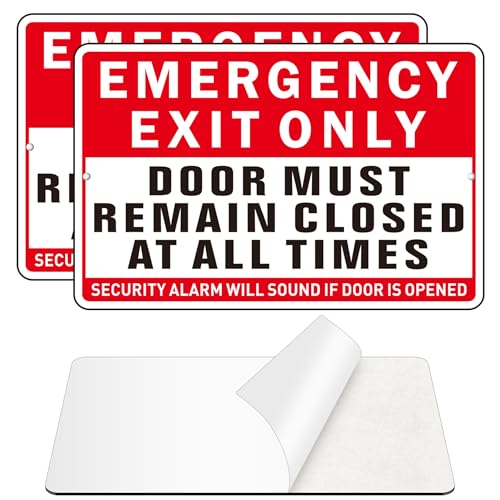 Emergency Exit Only Sign, (2 Pack) Self Adhesive Emergency Exit Sign Sticker for Door, Rust Free and Reflective Aluminum Metal Signs for Wall (9 x 6 inches, Red/White) - color: Red /White