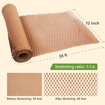 Honeycomb Packing Paper 12" x 55 ft - Eco-Friendly Cushioning Wrap for Moving, Shipping, and Packaging | Recyclable Alternative to Bubble Wrap Roll | Packing Paper for Fragile Items & Electronics - size: 12'' x 55 ft