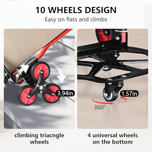 Stair Climbing Cart, 280 lbs Capacity Stair Climber Hand Truck and Dolly, Heavy-Duty Folding Stair Dolly with Stretchable Handle, 10 Wheels & 2 Elastic Ropes for Home Shopping Moving Warehouse