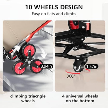 Stair Climbing Cart, 280 lbs Capacity Stair Climber Hand Truck and Dolly, Heavy-Duty Folding Stair Dolly with Stretchable Handle, 10 Wheels & 2 Elastic Ropes for Home Shopping Moving Warehouse