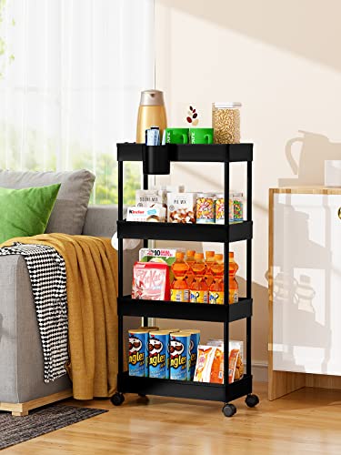 LEHOM Slim Rolling Storage Cart - 4 Tiers Bathroom Organizer Utility Cart - color: Black