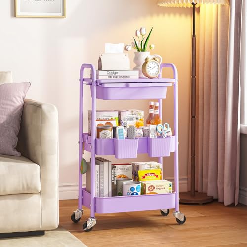 KINGRACK 3 Tier Metal Rolling Cart with Drawer, Purple Utility Storage Cart - color: Purple