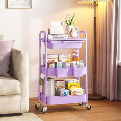 KINGRACK 3 Tier Metal Rolling Cart with Drawer, Purple Utility Storage Cart - color: Purple