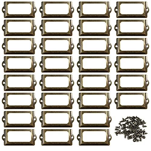 30PCS Metal Label Holders,Shelf Label Holder for Wood Shelves,Name Card Holder,Label Holder for Drawer Cabinet. 70x33mm Bronze Card Catalog Drawer Label Frame with 60PCS Screws,by ChanQnTon.