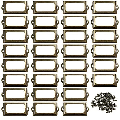30PCS Metal Label Holders,Shelf Label Holder for Wood Shelves,Name Card Holder,Label Holder for Drawer Cabinet. 70x33mm Bronze Card Catalog Drawer Label Frame with 60PCS Screws,by ChanQnTon.