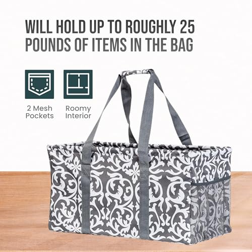 Extra Large Utility Tote Bag - Oversized Collapsible Beach Bag - Damask Gray - color: Damask Gray