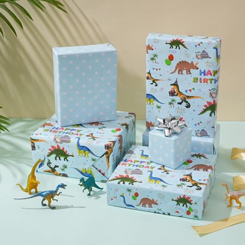 ZINTBIAL Dinosaur Reversible Wrapping Paper Roll - Boys & Girls Birthday Gift Wrapping Paper - 17 Inch x 33 Feet - Great for Baby Shower, Kids Party - Blue Dinosaur Design with White Polka Dots Back - color: Dinosaur -Blue