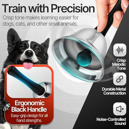 Flexzion Hand Bell for Service - Loud Dinner Bell & Desk Bells with Black Handle, Silver Steel Ringer for Classroom, Hotel Front Desk, School, Elderly at Home Nurse Call Pet Training Food Line, 2 Pack