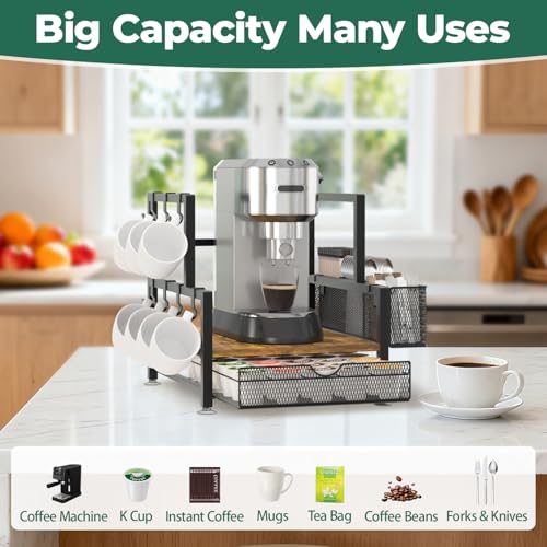 EsLuker.ly Coffee Bar Station Organizer with K Cup Drawer, 7 Mug Hooks - color: Black+Dark Brown