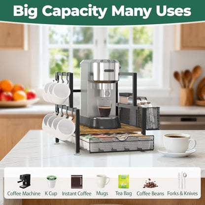 EsLuker.ly Coffee Bar Station Organizer with K Cup Drawer, 7 Mug Hooks - color: Black+Dark Brown