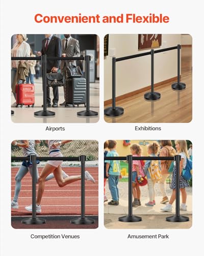 VEVOR Stanchion Post, 6 Pcs Stanchions with Retractable Belts, Carbon Steel Black Stanchions Queue with Sand Injection Hollow Base, Crowd Control Barriers for Theaters, Parties, Weddings, Exhibitions - color: Black