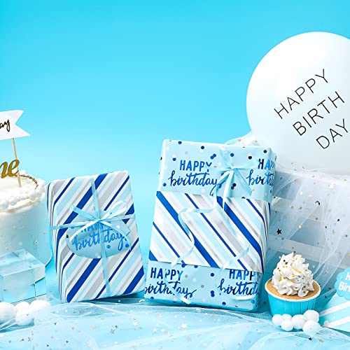 LeZakaa Reversible Blue Birthday Wrapping Paper Roll for Boys Men, Happy Birthday Lettering & Stripe Pattern with Metallic Foil in Blue, Mini Roll, 17 inches x 32.8 Feet (46.45 sq.ft.) - color: Birthday - Metallic Blue, size: 17" X 32.8 ft