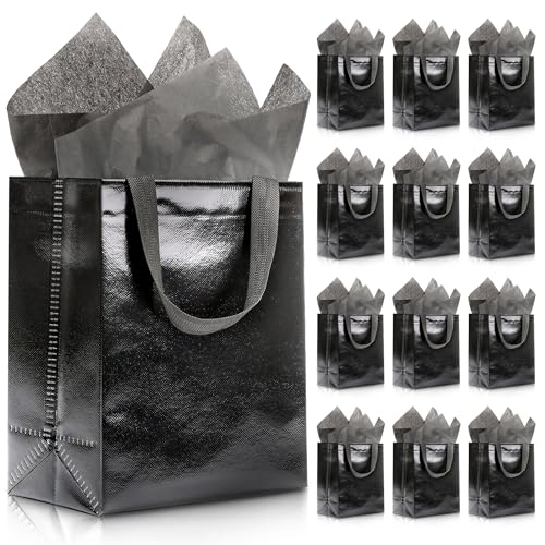 KeerxunBag Black Gift Bags - 12pk - Reusable - With Inner Liner Paper - color: black out