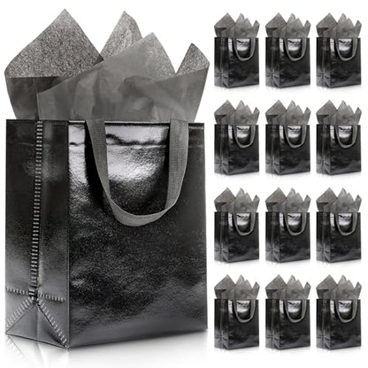 KeerxunBag Black Gift Bags - 12pk - Reusable - With Inner Liner Paper - color: black out