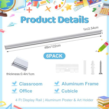 Zonon 6 Pack Display Rail 4 Feet Satin Aluminum Poster Craft Holder - size: 4 Feet