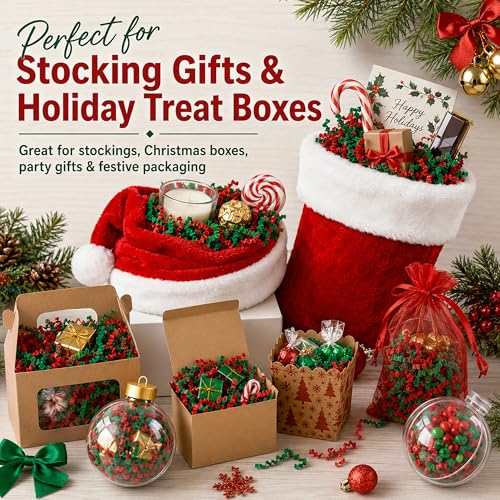 STRBOXONG Christmas Red Green Crinkle Paper Filler 1 LB, Recyclable Crinkle Cut Paper Shred for Holiday Gift Baskets, Christmas Gift Boxes, Gift Bags, Party Favors and Seasonal Packaging - color: Christmas Red & Green