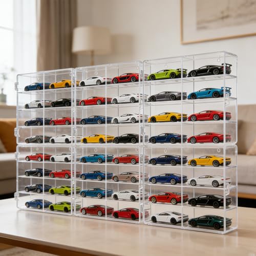 for 48 pcs Matchbox Wheels Car Display Case 1/64 Scale - 48 Toy Cars Hot-Wheel Storage, Acrylic Wall Mount Organizer, Stackable Clear Matchbox Cars Storage Shelf for Collectors