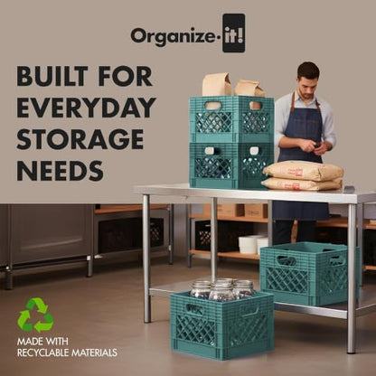 ORGANIZE-IT! Authentic Milk Crate, 4 Pack - Heavy-Duty Storage Crate, Easy-Grip Handles, Versatile Storage Crate Box, 13" L x 13" W x 11" H (Teal) - color: Teal